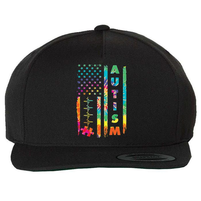 Autism Tie Dye US Flag Colorful Wool Snapback Cap