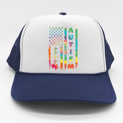 Autism Tie Dye US Flag Colorful Trucker Hat