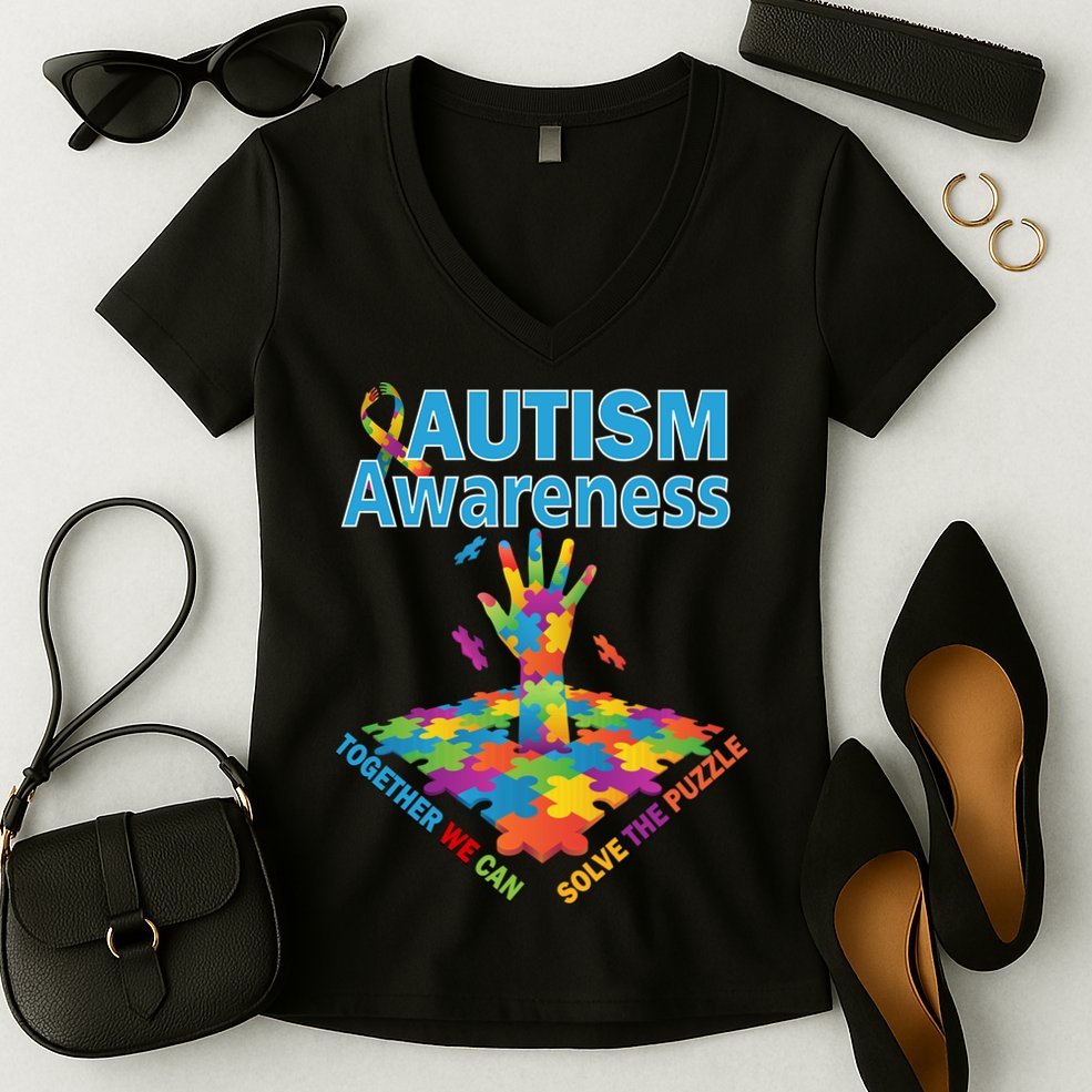  Autism Together We Can Solve The Puzzle Women's V-Neck T-Shirt