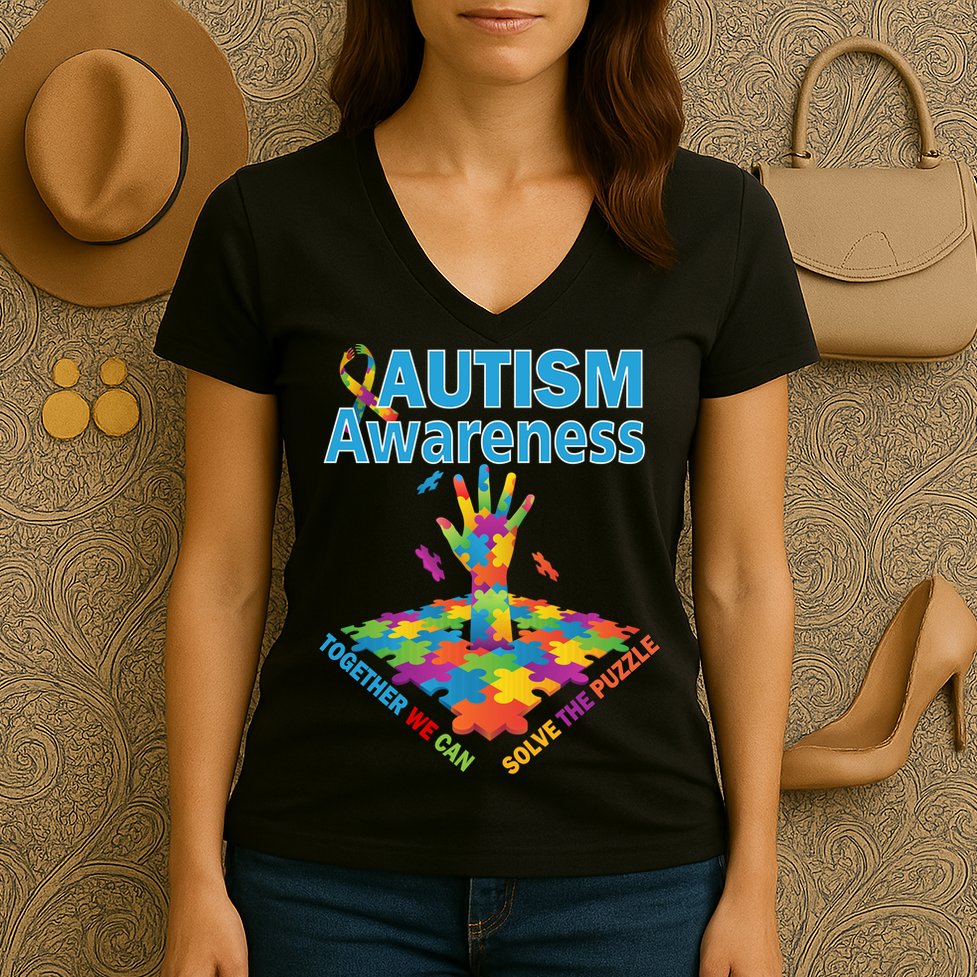  Autism Together We Can Solve The Puzzle Women's V-Neck T-Shirt