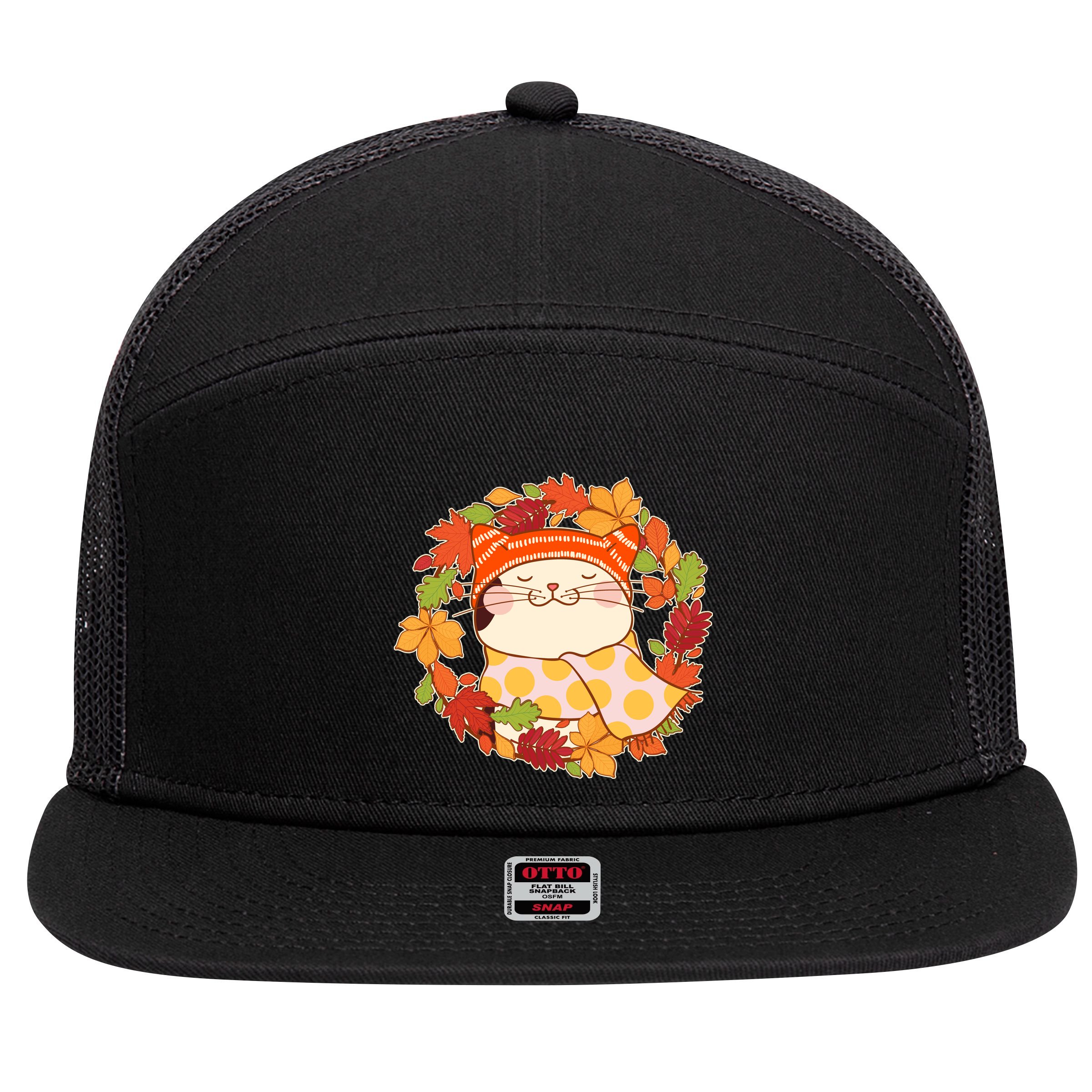 Autumn Cat Wreath 7 Panel Mesh Trucker Snapback Hat
