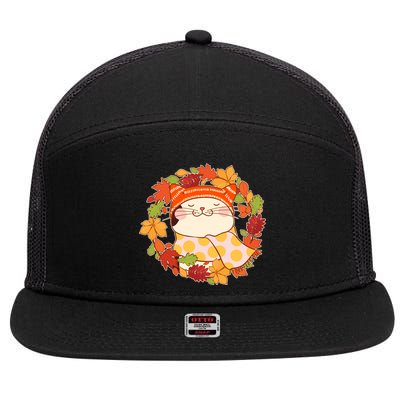 Autumn Cat Wreath 7 Panel Mesh Trucker Snapback Hat