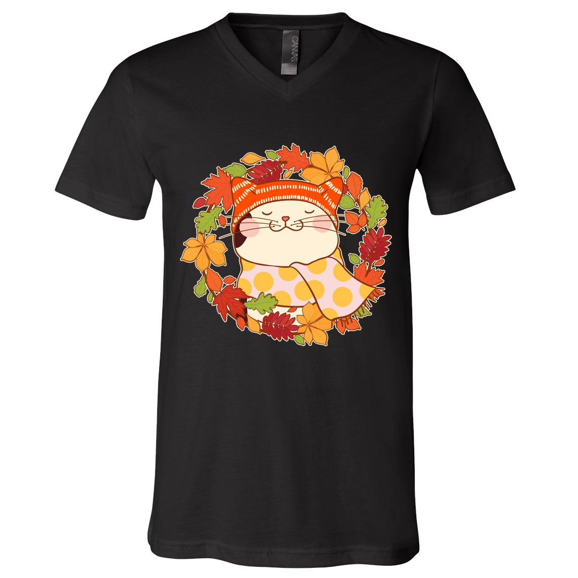 Autumn Cat Wreath V-Neck T-Shirt
