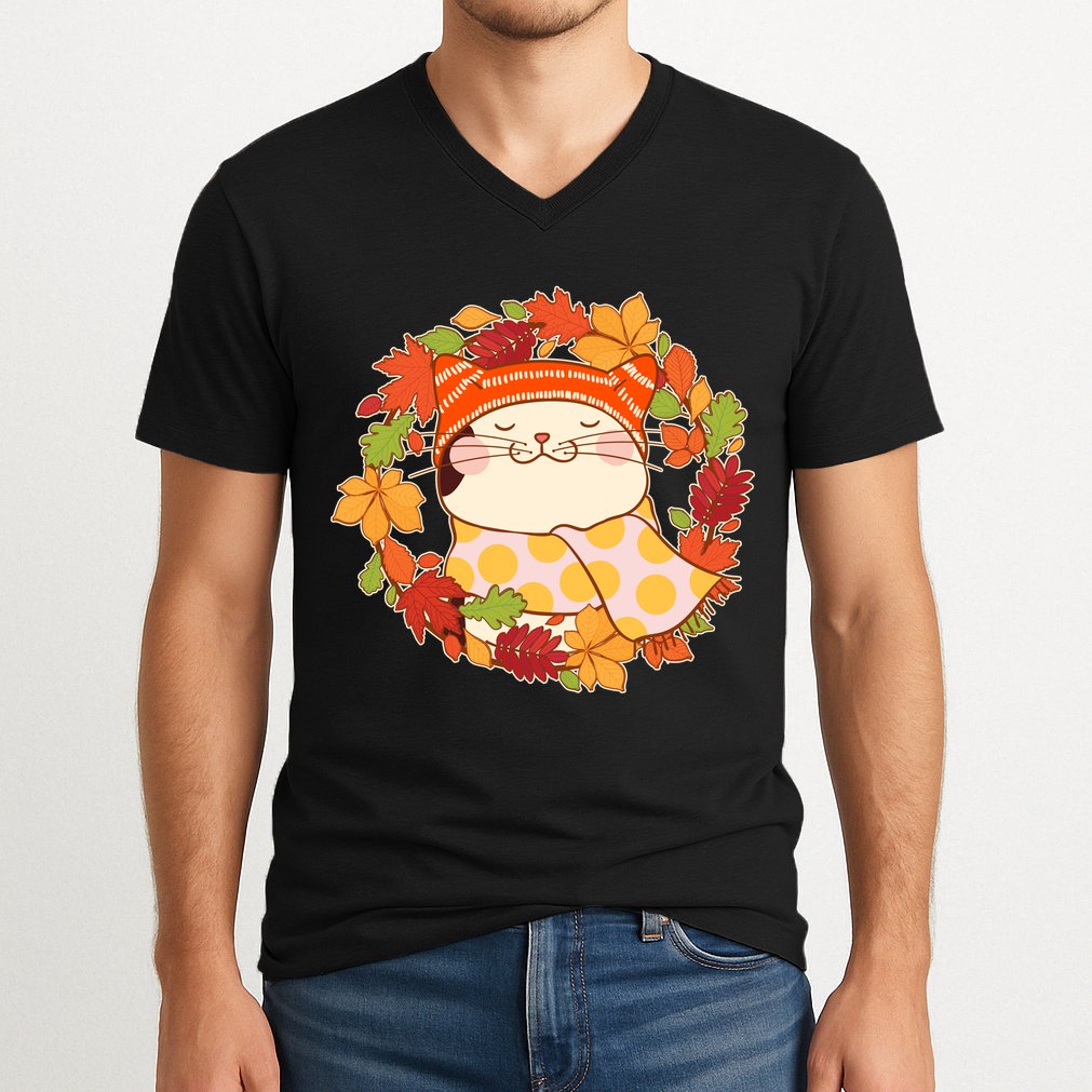 Autumn Cat Wreath V-Neck T-Shirt