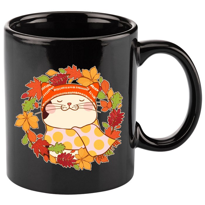 Autumn Cat Wreath 11oz C Handle Ceramic Mug