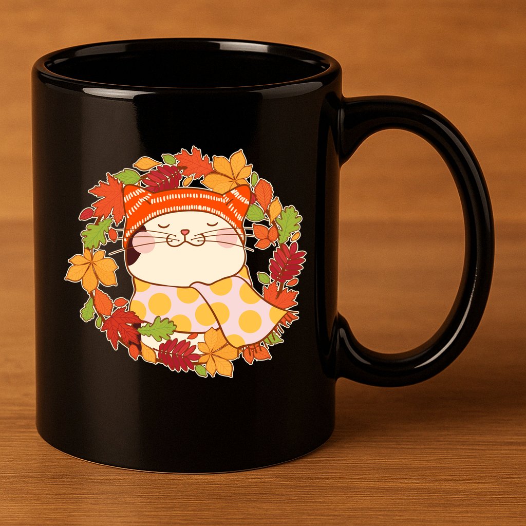 Autumn Cat Wreath 11oz C Handle Ceramic Mug