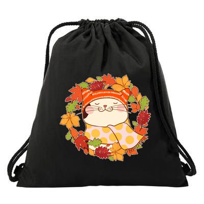 Autumn Cat Wreath Drawstring Bag