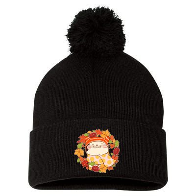 Autumn Cat Wreath Pom Pom 12in Knit Beanie