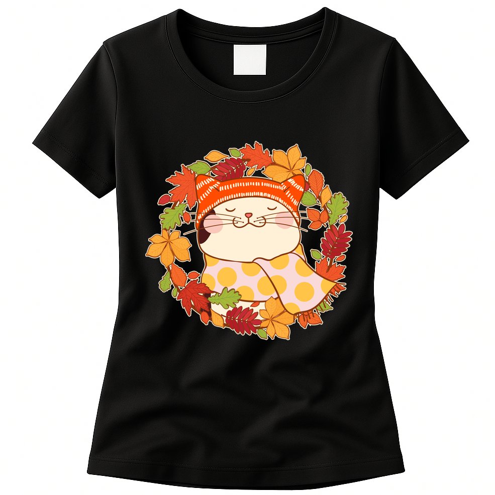 Autumn Cat Wreath Womens T-Shirt