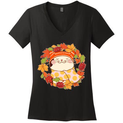 Autumn Cat Wreath Women's V-Neck T-Shirt
