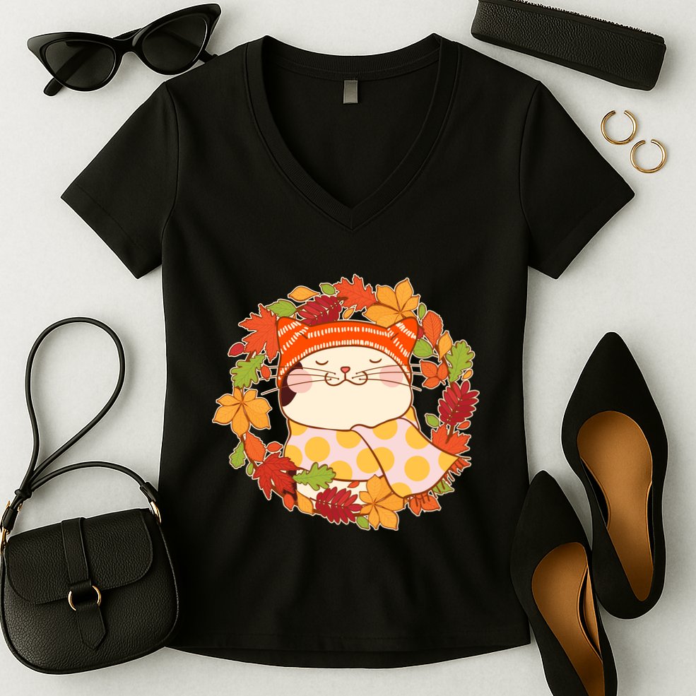 Autumn Cat Wreath Women's V-Neck T-Shirt