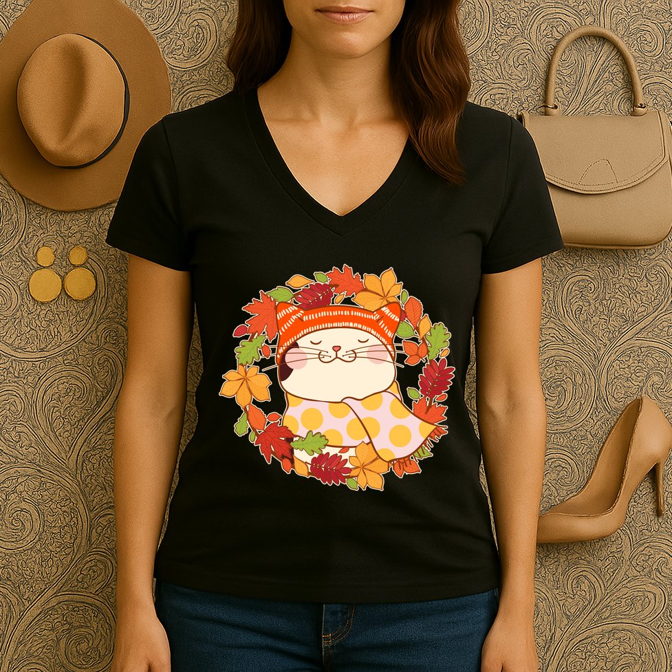 Autumn Cat Wreath Women's V-Neck T-Shirt