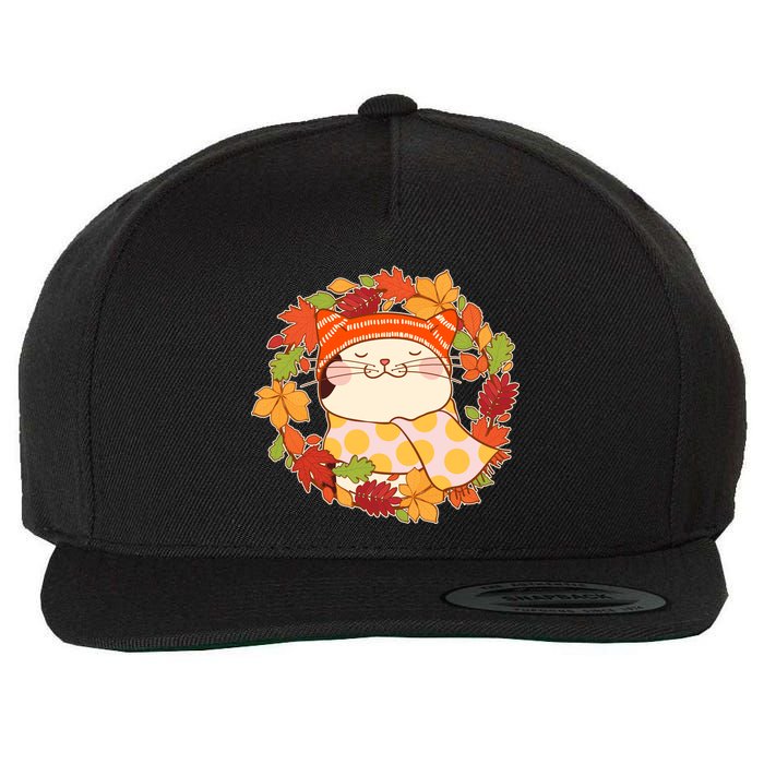 Autumn Cat Wreath Wool Snapback Cap