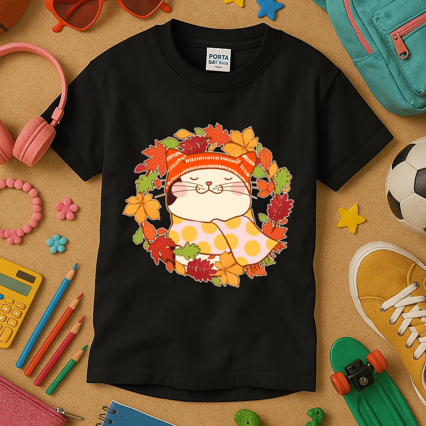 Autumn Cat Wreath Kids T-Shirt