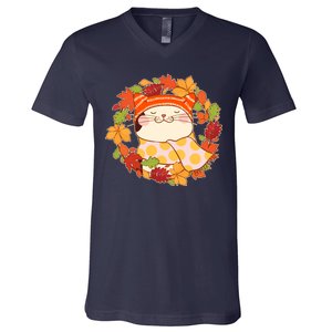 Autumn Cat Wreath V-Neck T-Shirt