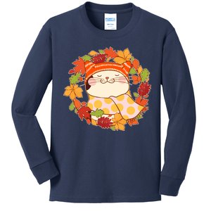 Autumn Cat Wreath Kids Long Sleeve Shirt