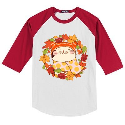 Autumn Cat Wreath Kids Colorblock Raglan Jersey