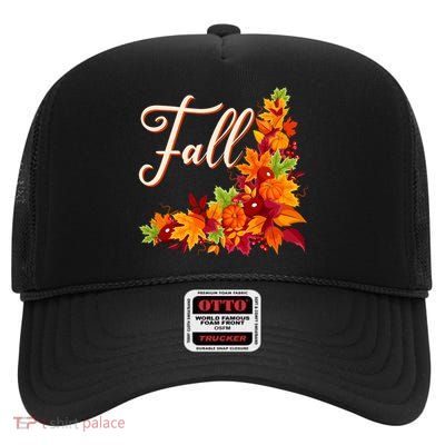 Autumn Fall Leaves Corner Design High Crown Mesh Back Trucker Hat