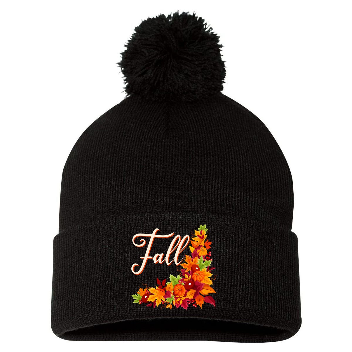 Autumn Fall Leaves Corner Design Pom Pom 12in Knit Beanie