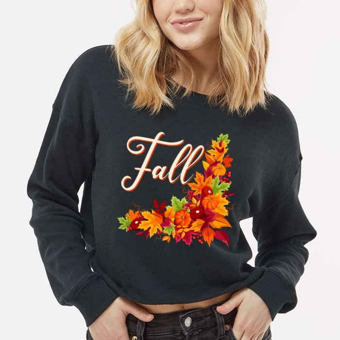 Autumn Fall Leaves Corner Design Cropped Pullover Crew