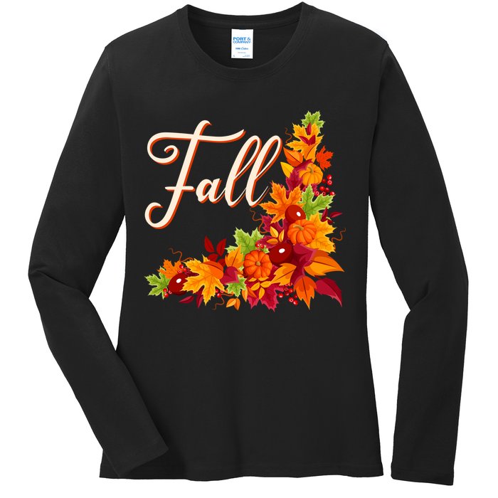 Autumn Fall Leaves Corner Design Ladies Long Sleeve Shirt