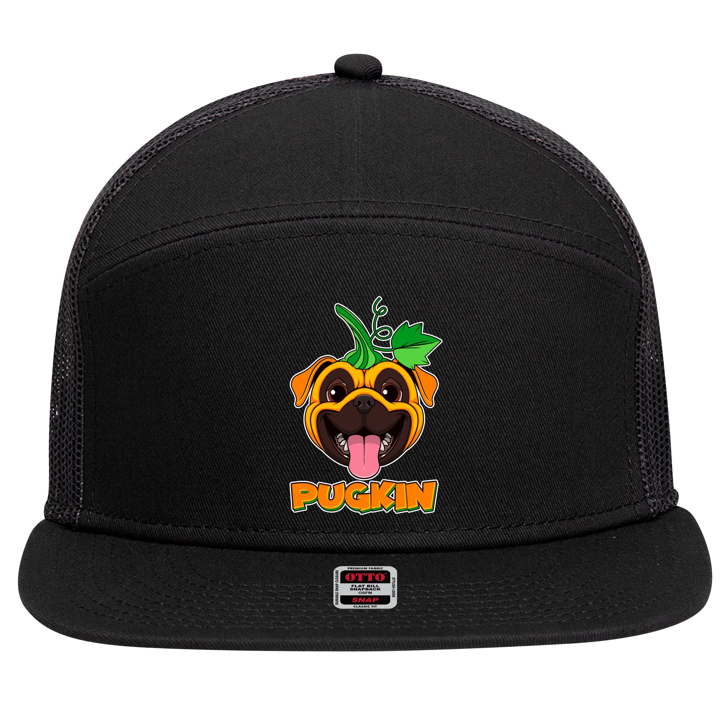 Autumn Halloween Pugkin 7 Panel Mesh Trucker Snapback Hat