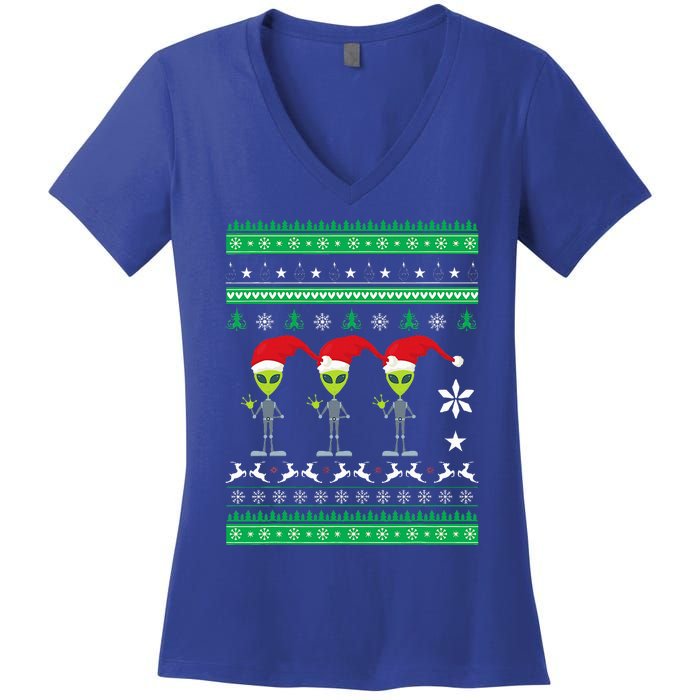 Alien UFO Ugly Christmas Sweater Funny Xmas  Women's V-Neck T-Shirt