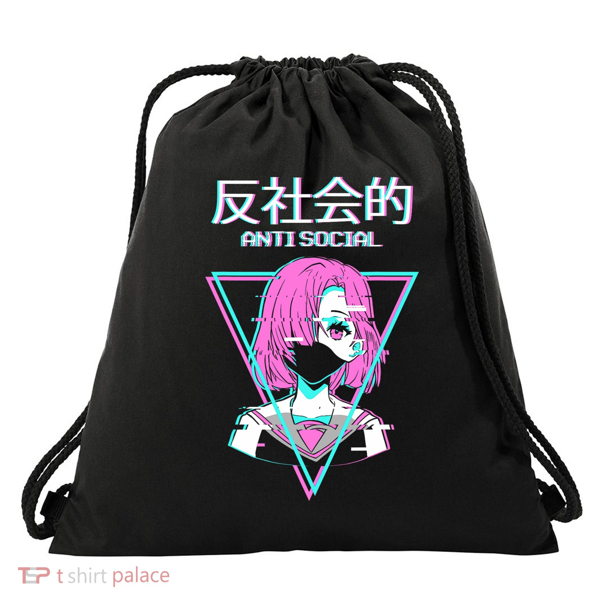 Antisocial Vaporwave Anime Girl Japanese Indie Old Drawstring Bag
