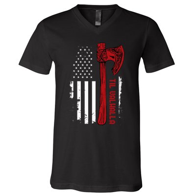 American Viking Axe Flag Til Valhalla Norse Mythology V-Neck T-Shirt