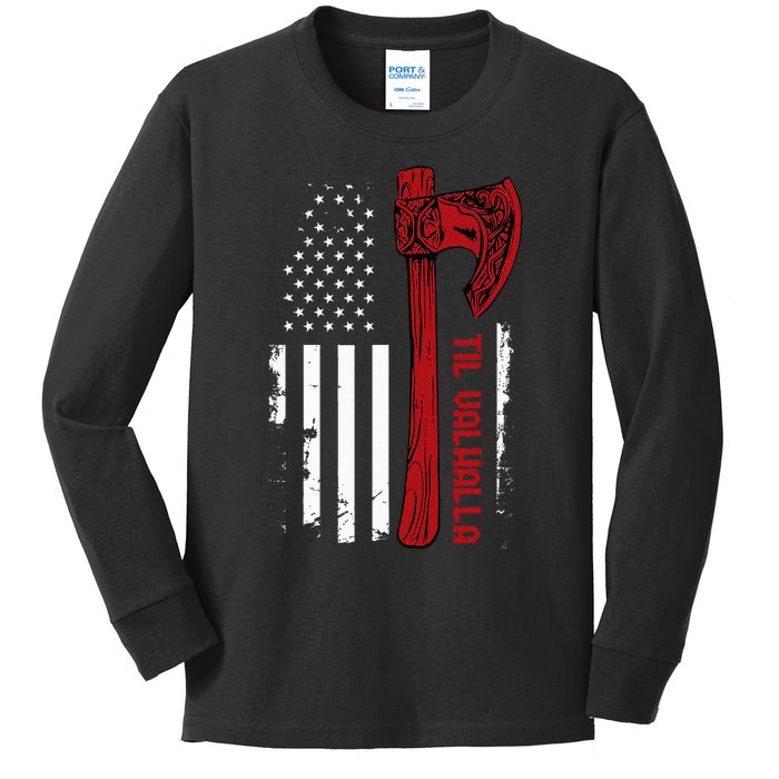 American Viking Axe Flag Til Valhalla Norse Mythology Kids Long Sleeve Shirt