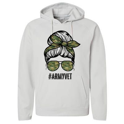 Army Vet Armyvet Messy Bun Camouflage 'S Veteran Gift Performance Fleece Hoodie