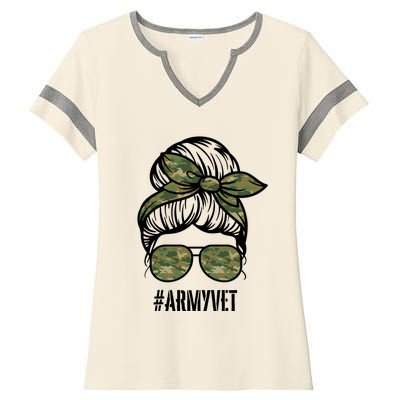 Army Vet Armyvet Messy Bun Camouflage 'S Veteran Gift Ladies Halftime Notch Neck Tee