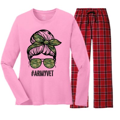 Army Vet Armyvet Messy Bun Camouflage 'S Veteran Gift Women's Long Sleeve Flannel Pajama Set 