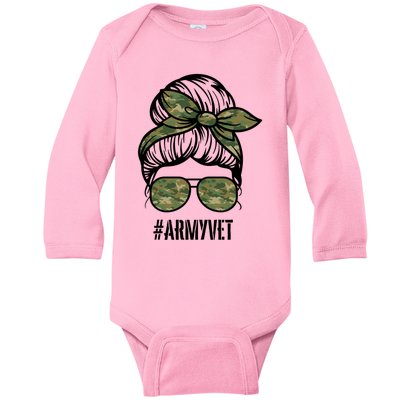 Army Vet Armyvet Messy Bun Camouflage 'S Veteran Gift Baby Long Sleeve Bodysuit