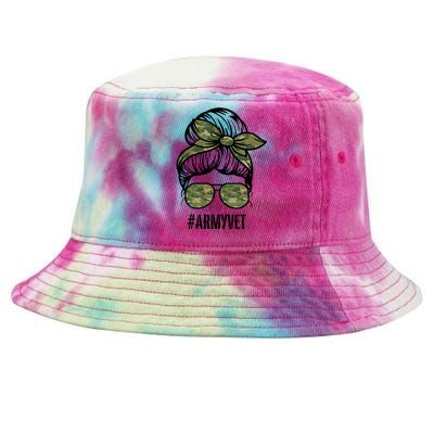 Army Vet Armyvet Messy Bun Camouflage 'S Veteran Gift Tie-Dyed Bucket Hat