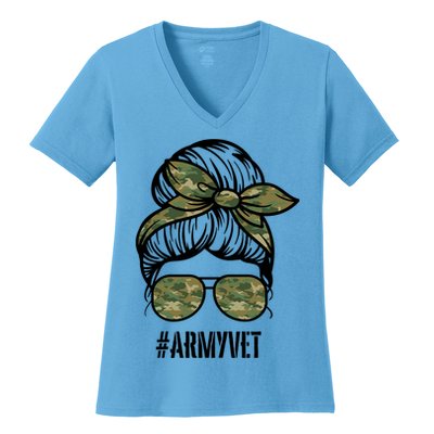 Army Vet Armyvet Messy Bun Camouflage 'S Veteran Gift Women's V-Neck T-Shirt