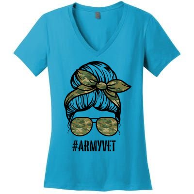 Army Vet Armyvet Messy Bun Camouflage 'S Veteran Gift Women's V-Neck T-Shirt