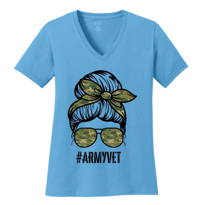 Army Vet Armyvet Messy Bun Camouflage 'S Veteran Gift Women's V-Neck T-Shirt