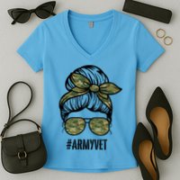 Army Vet Armyvet Messy Bun Camouflage 'S Veteran Gift Women's V-Neck T-Shirt