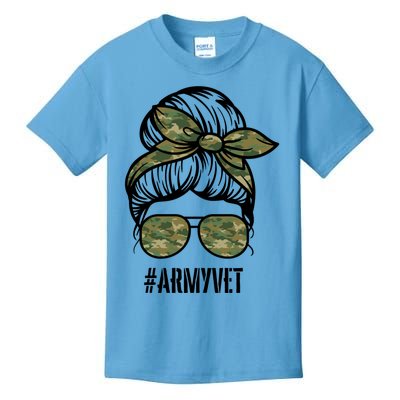 Army Vet Armyvet Messy Bun Camouflage 'S Veteran Gift Kids T-Shirt