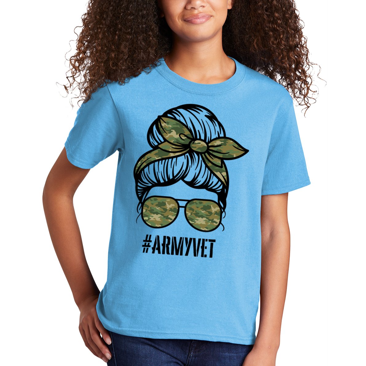 Army Vet Armyvet Messy Bun Camouflage 'S Veteran Gift Kids T-Shirt