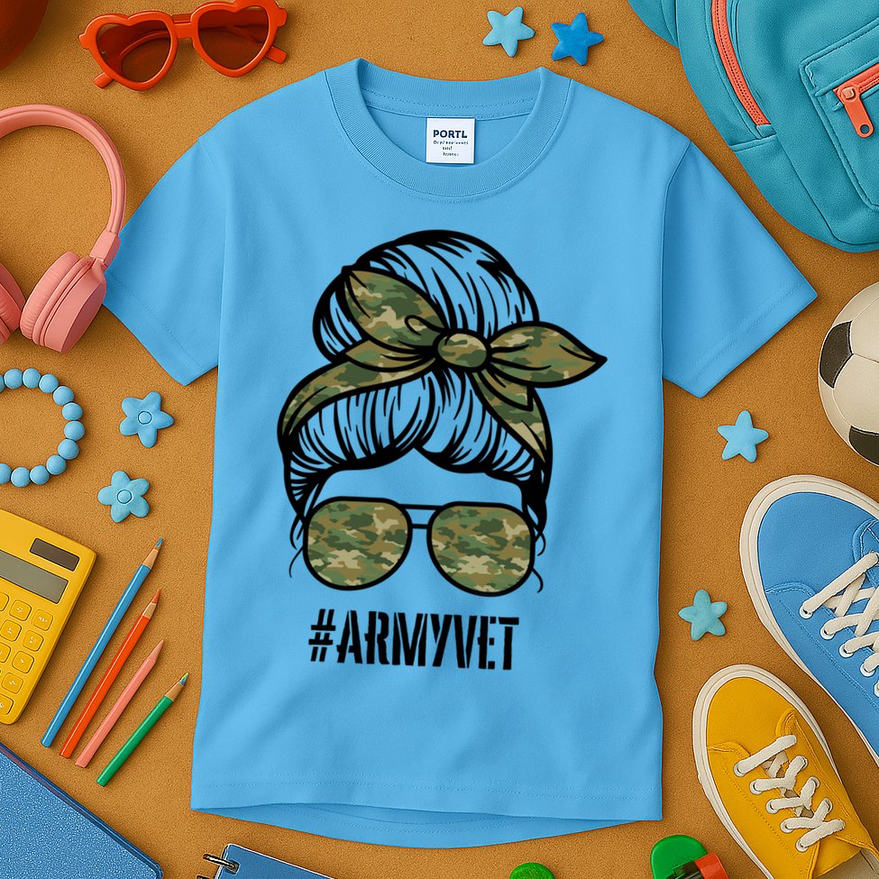 Army Vet Armyvet Messy Bun Camouflage 'S Veteran Gift Kids T-Shirt