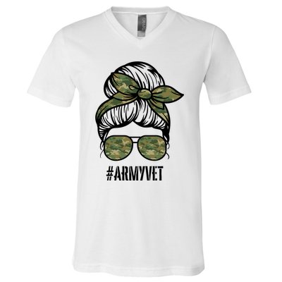 Army Vet Armyvet Messy Bun Camouflage 'S Veteran Gift V-Neck T-Shirt