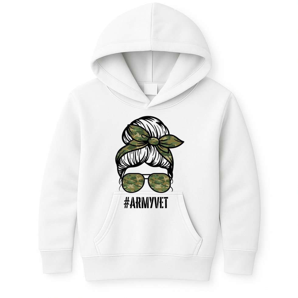 Army Vet Armyvet Messy Bun Camouflage 'S Veteran Gift Kids Hoodie