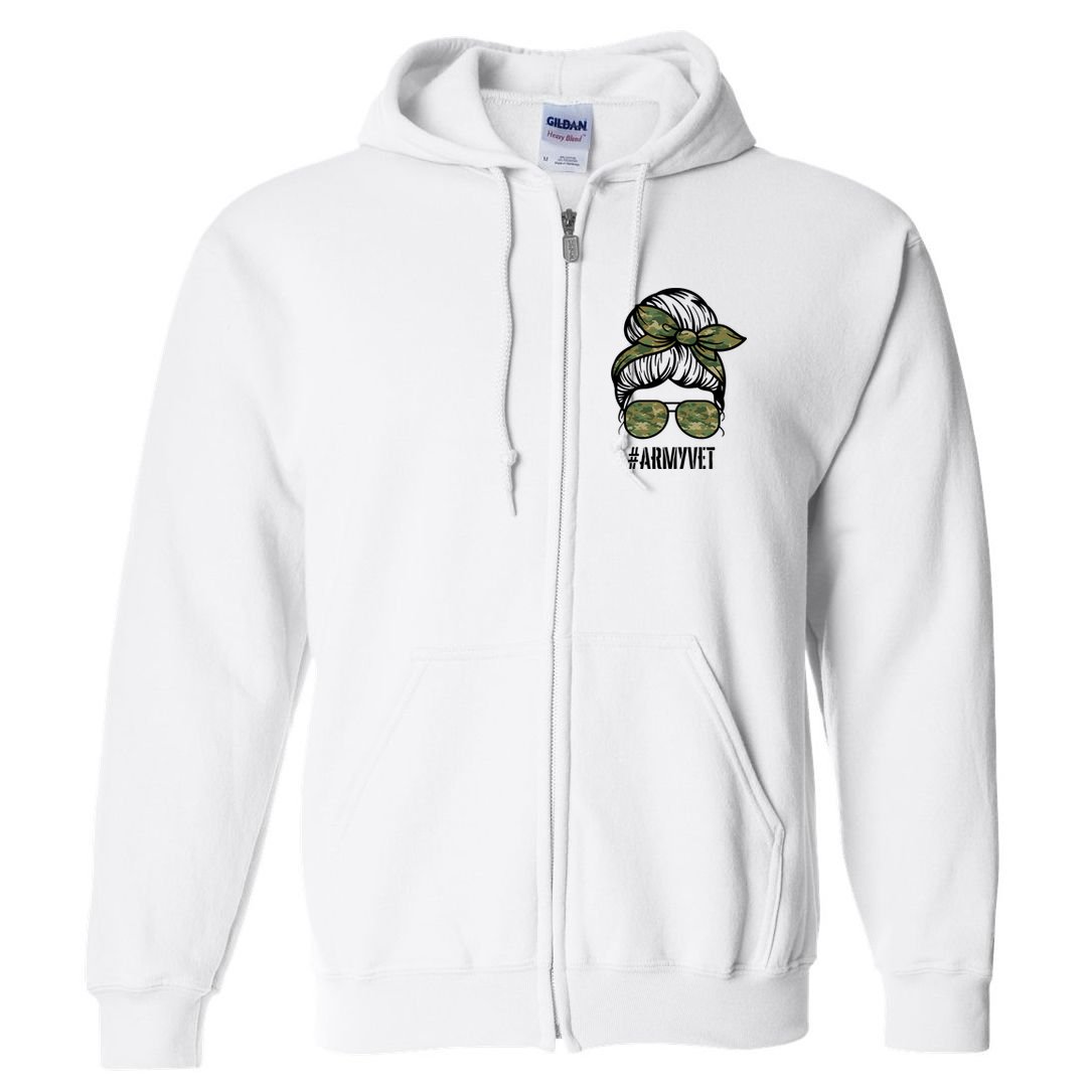 Army Vet Armyvet Messy Bun Camouflage 'S Veteran Gift Full Zip Hoodie