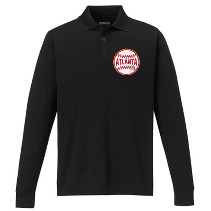 Atlanta  Vintage Baseball Throwback Retro Design Performance Long Sleeve Polo