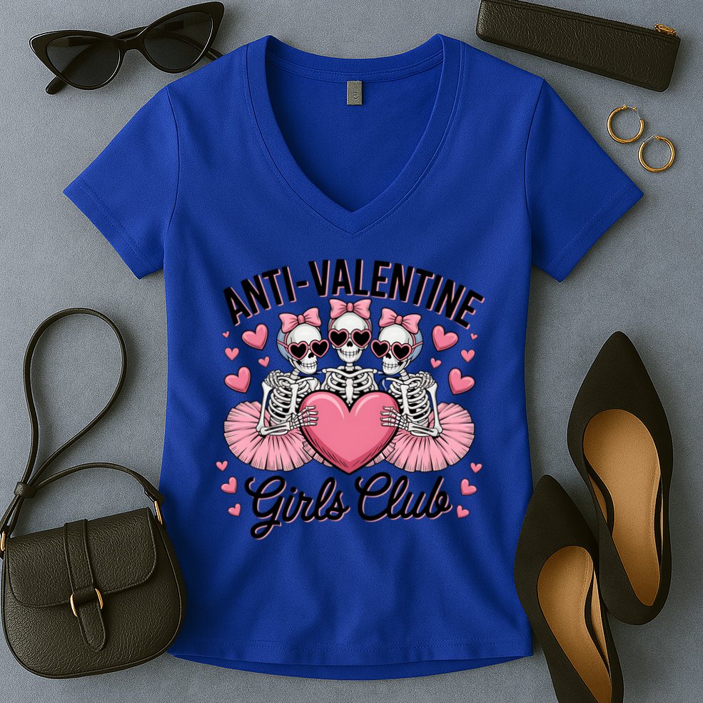 Anti Valentine Club Skeleton Funny Valentines Day Funny Gift Women's V-Neck T-Shirt