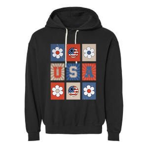 America Vibes Cute Smile Face USA American Flag 4th Of July Garment-Dyed Fleece Hoodie