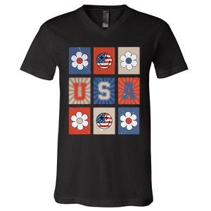 America Vibes Cute Smile Face USA American Flag 4th Of July V-Neck T-Shirt