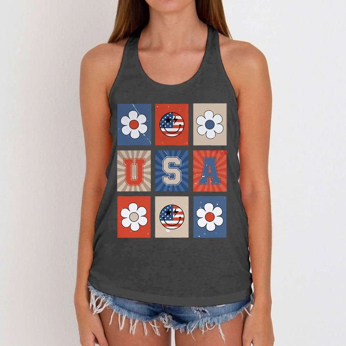 America Vibes Cute Smile Face USA American Flag 4th Of July Women's Knotted Racerback Tank